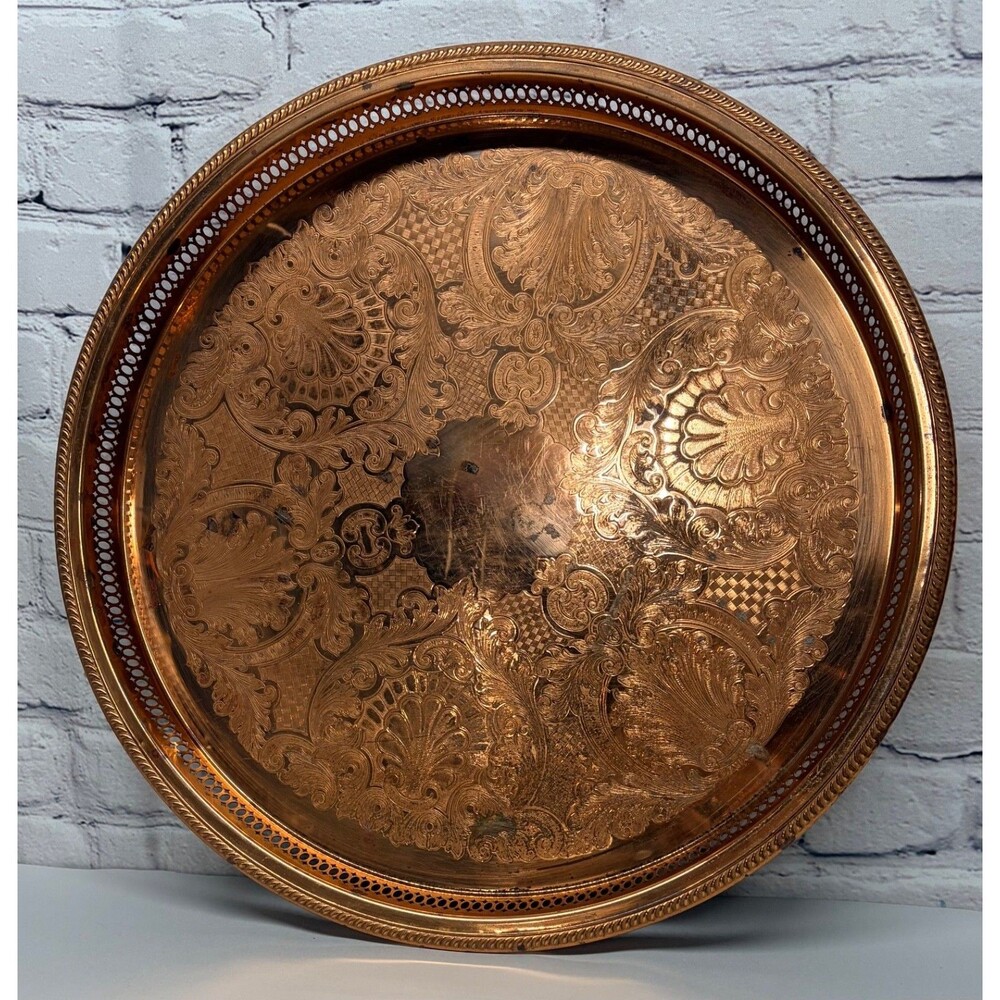 Vintage Copper Serving Tray Copper Craft Guild Etched Decorative Design 18''